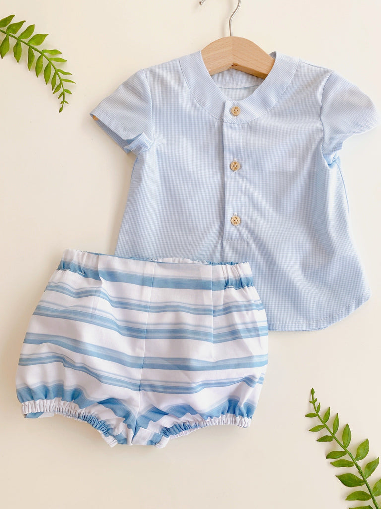 Conjunto Niño camisa cuadros azul short rayas blanco con azul (18 meses)