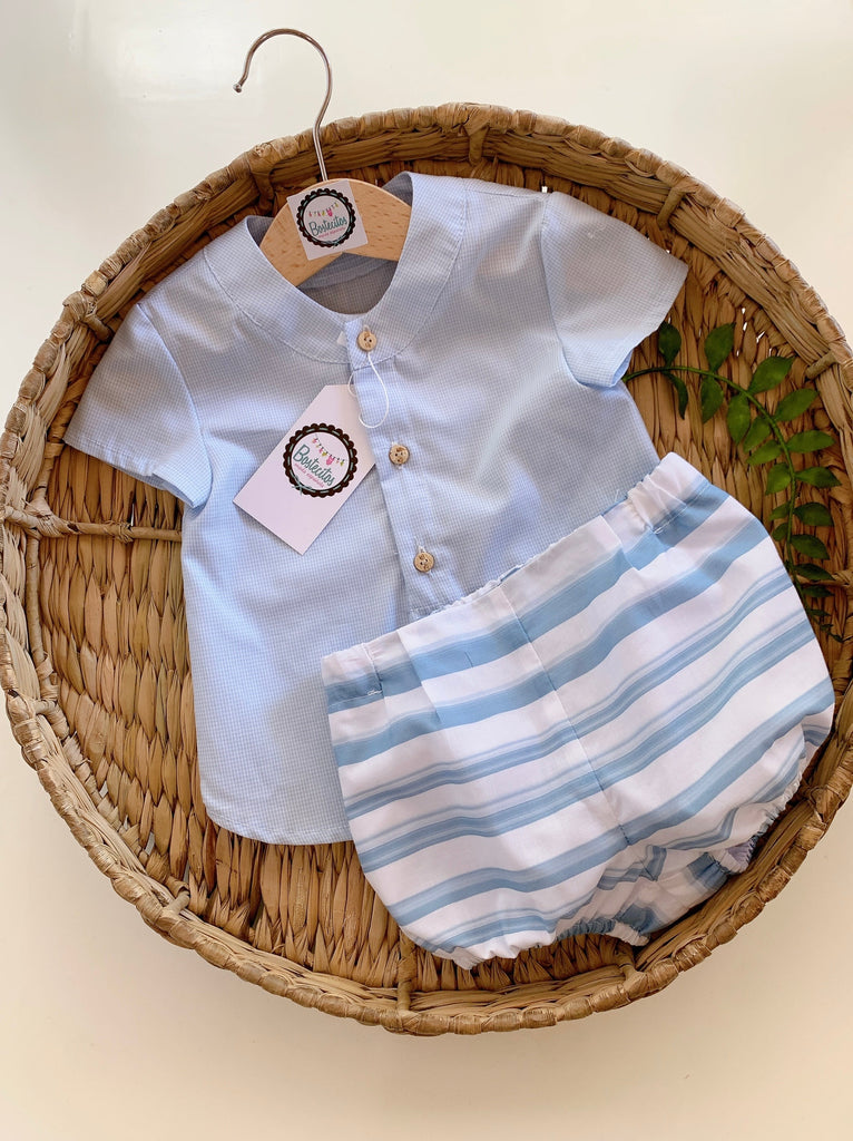 Conjunto Niño camisa cuadros azul short rayas blanco con azul (18 meses)