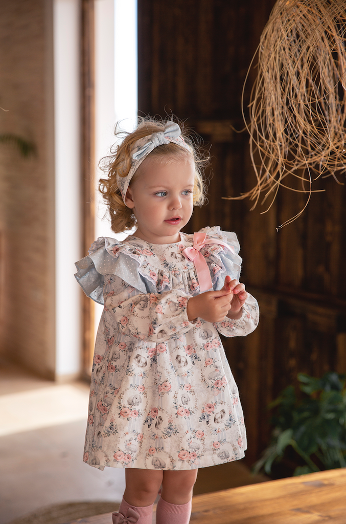 Vestido conejitos Olán cuello azul bebé con rosa