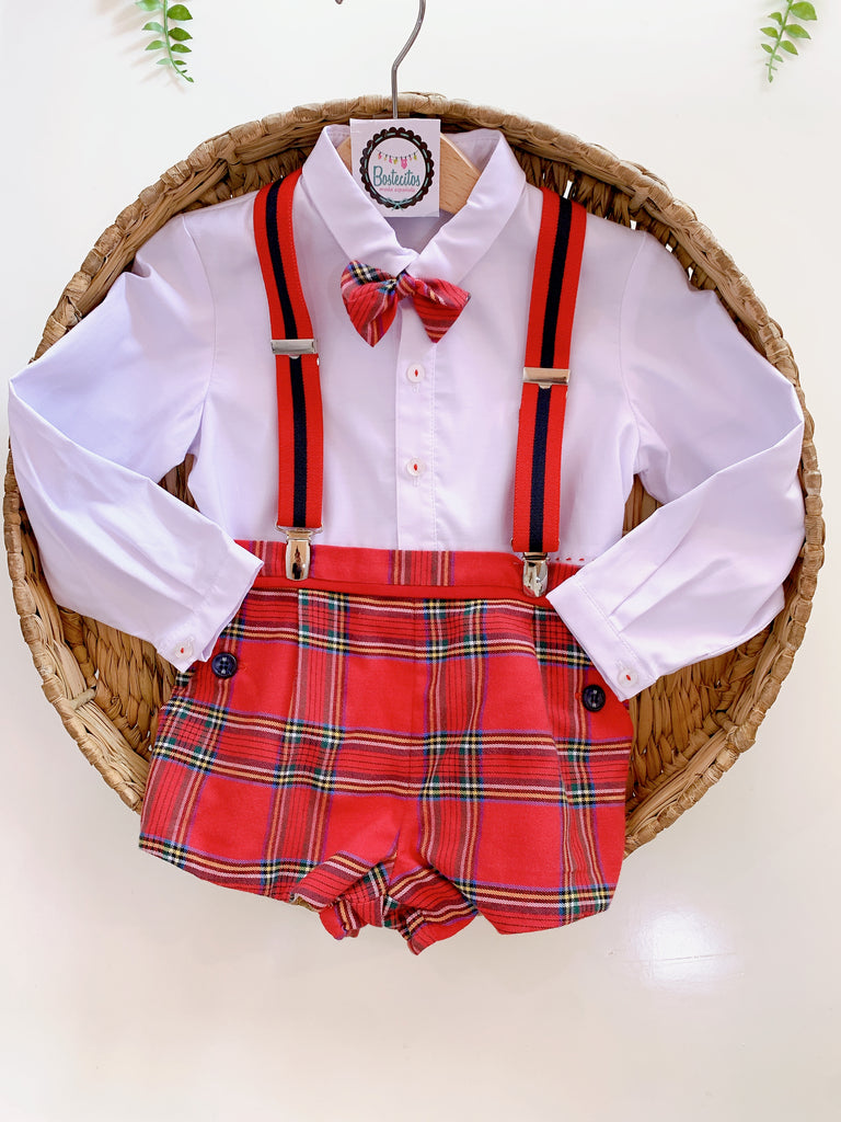 CONJUNTO CAMISA BLANCA SHORT ROJO CUADROS TIRANTES