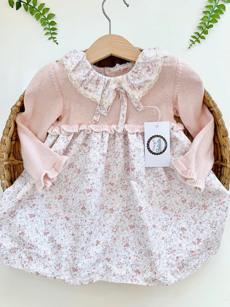 Vestido color durazno estampado flores cuello con Olán (18 meses)