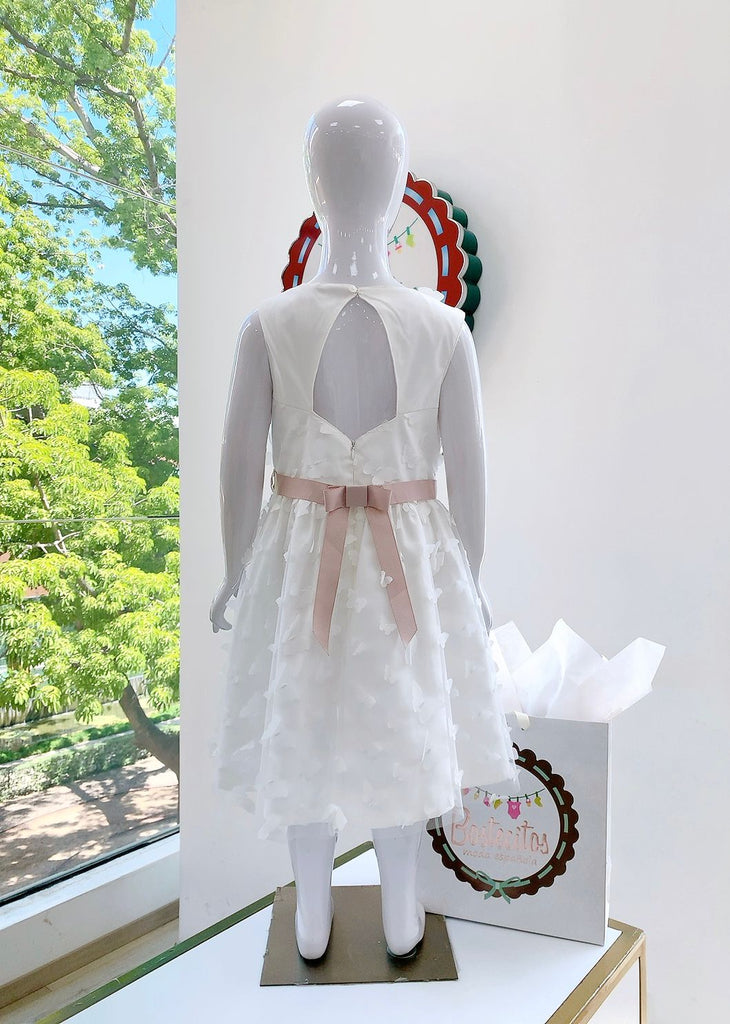 Vestido blanco mariposas blancas con lazo café