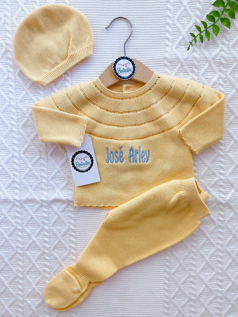Conjunto español tejido 3 piezas unisex amarillo (1 mes)