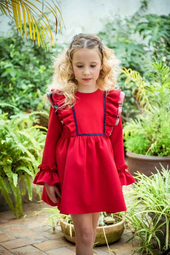 Vestido rojo con detalle azul marino y detalles cuadros