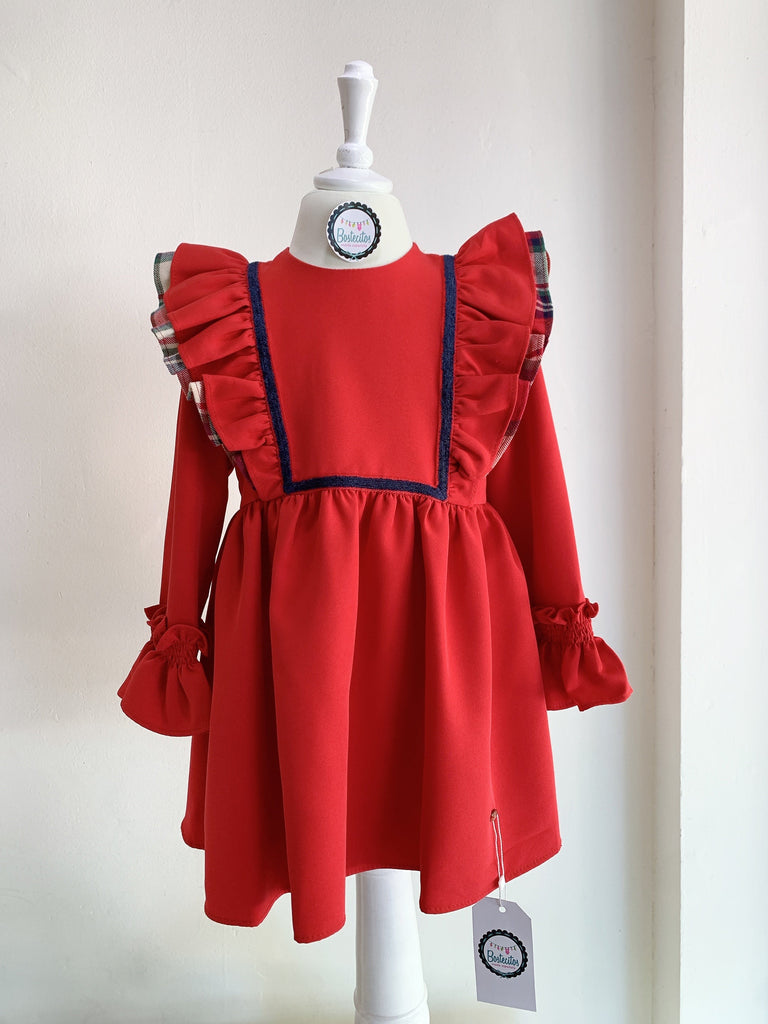 Vestido rojo con detalle azul marino y detalles cuadros