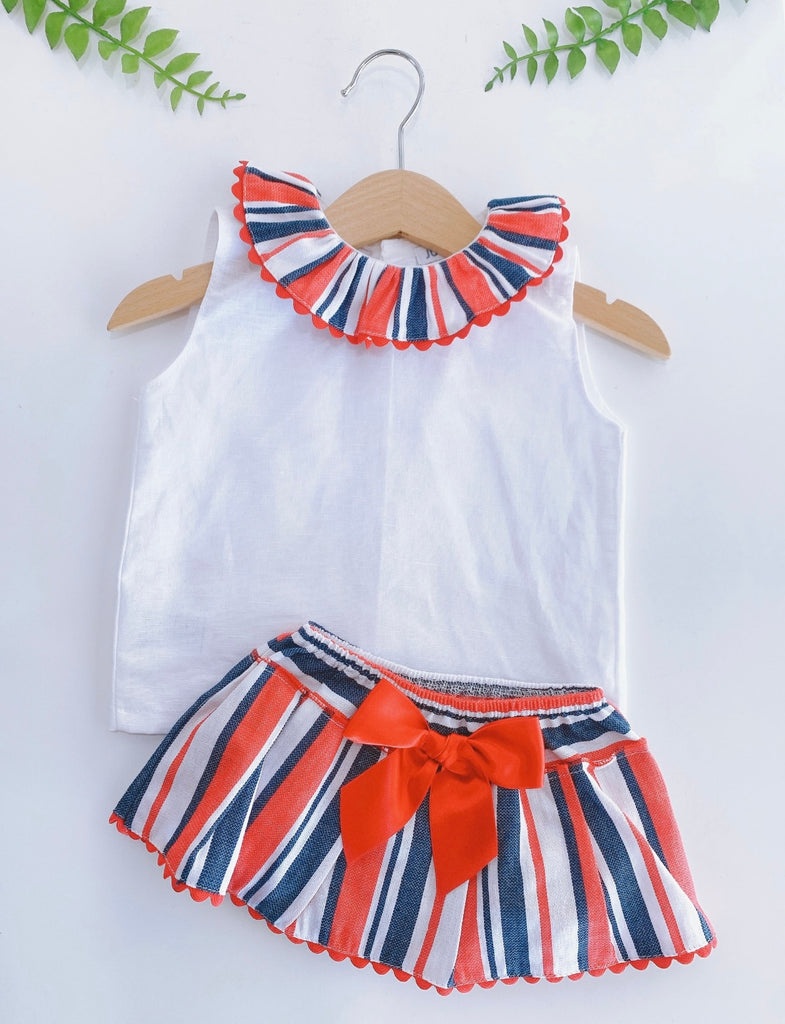Conjunto braguita con falda roja lineas blancas y blusa de Olán (12 meses)