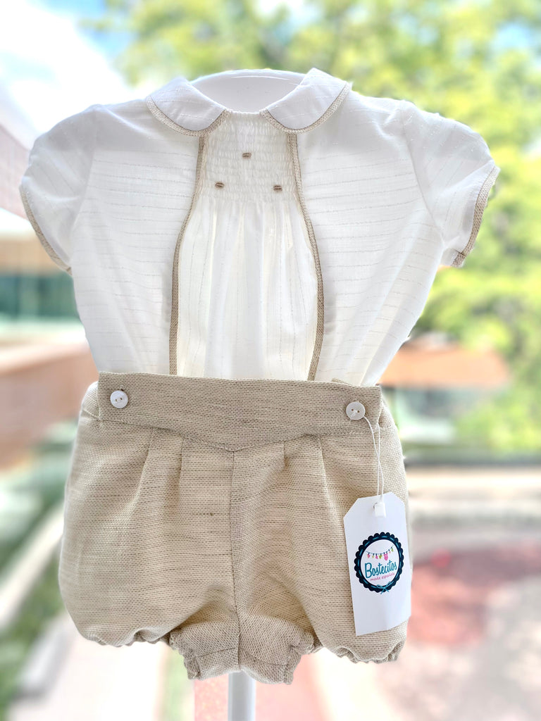 Conjunto ceremonia camisa detalles color caqui y short caqui