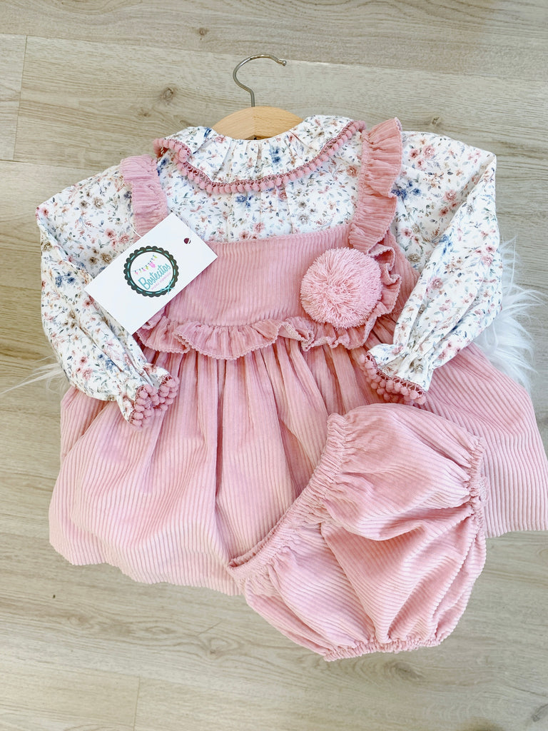 Conjunto vestido, blusa y calzón rosa camisa flores (18 meses)
