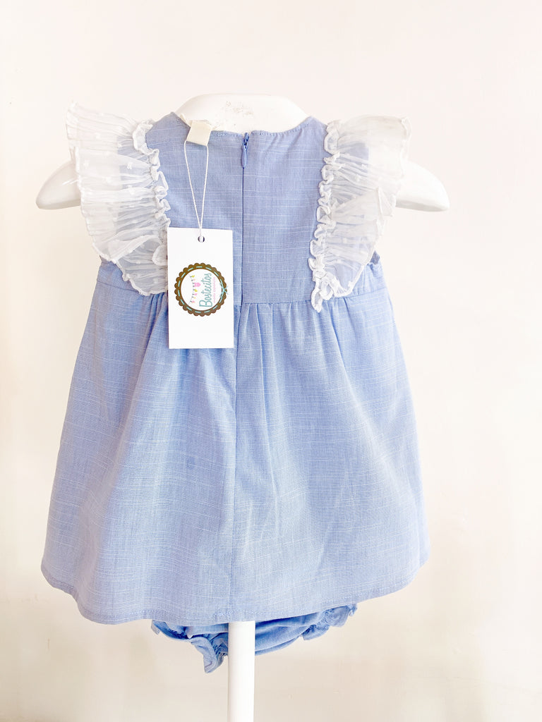 Vestido con braguita azul con Olán blanco (12 meses)