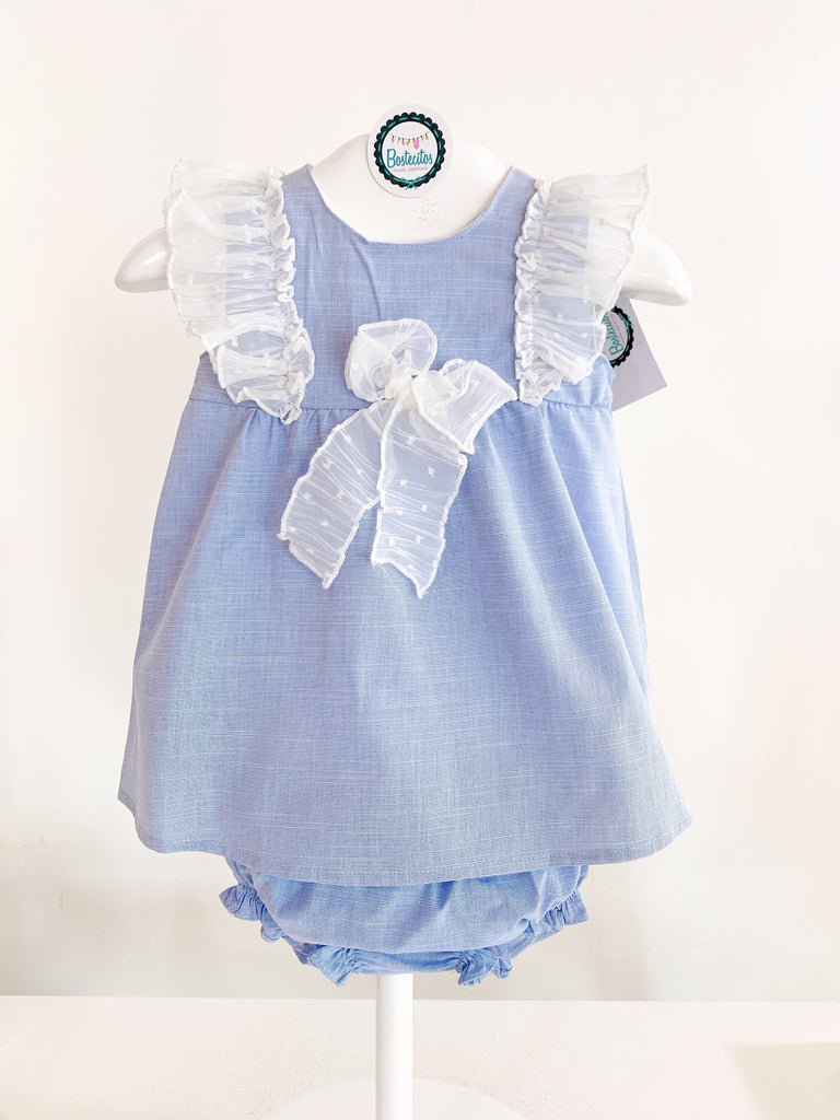 Vestido con braguita azul con Olán blanco (12 meses)