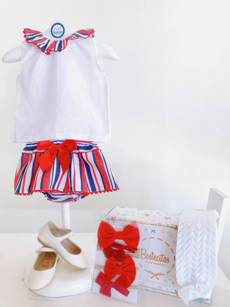 Conjunto braguita con falda roja lineas blancas y blusa de Olán (12 meses)