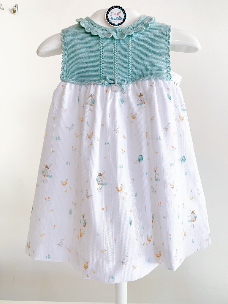 Vestido bordado azul verde estampado granja