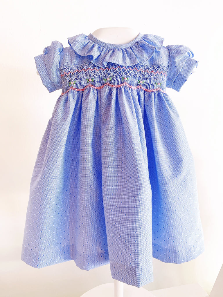 Vestido azul bordado con cuello de Olán talla: 8 años