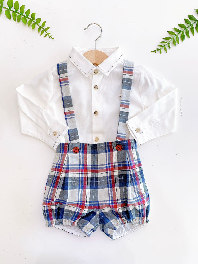 CONJUNTO CAMISA BLANCA Y SHORT DE CUADROS (18 meses)