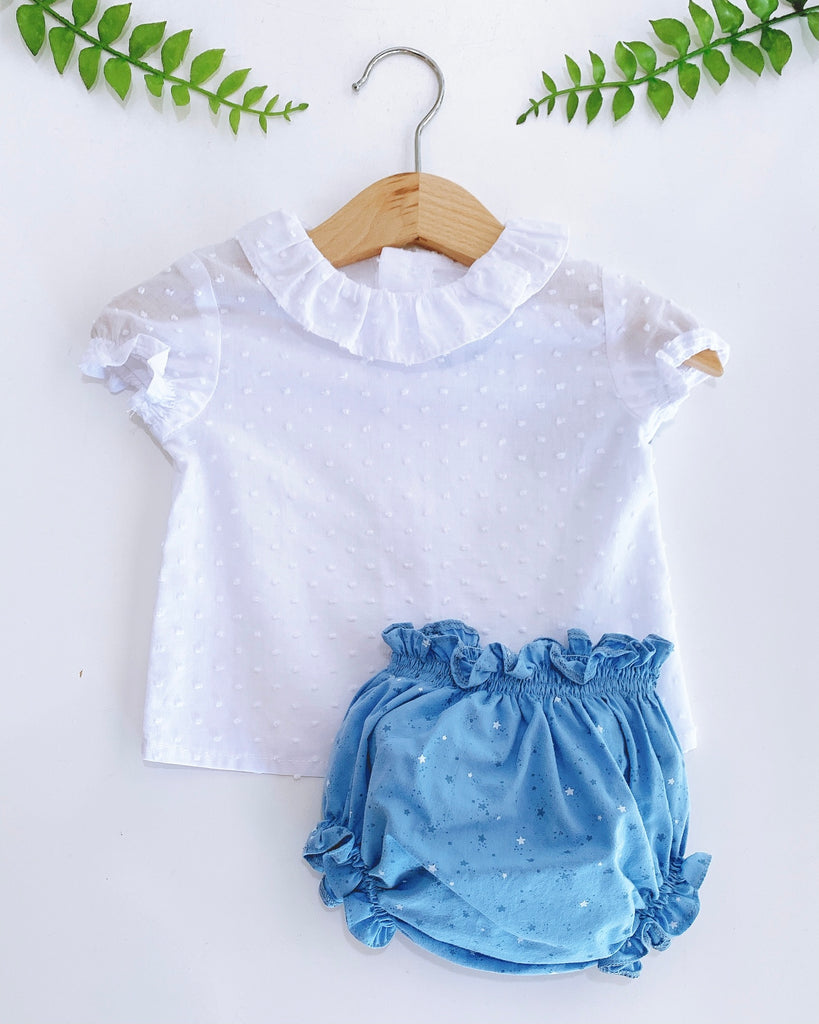 Conjunto braguita azul de estrellas y blusa cuello con Olán