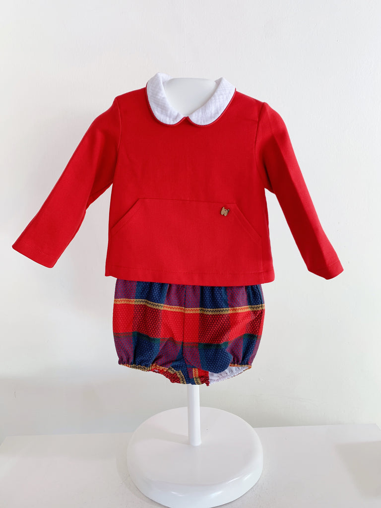 Conjunto 2 pz sueter rojo con braga de cuadros azules y rojos (24 meses )