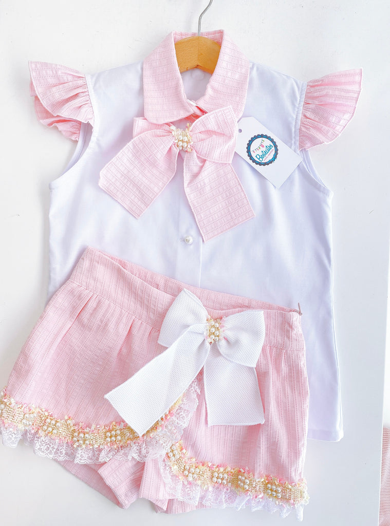 Conjunto short falda rosa detalles Perla con blusa blanca moño detalle Perla (10 años)