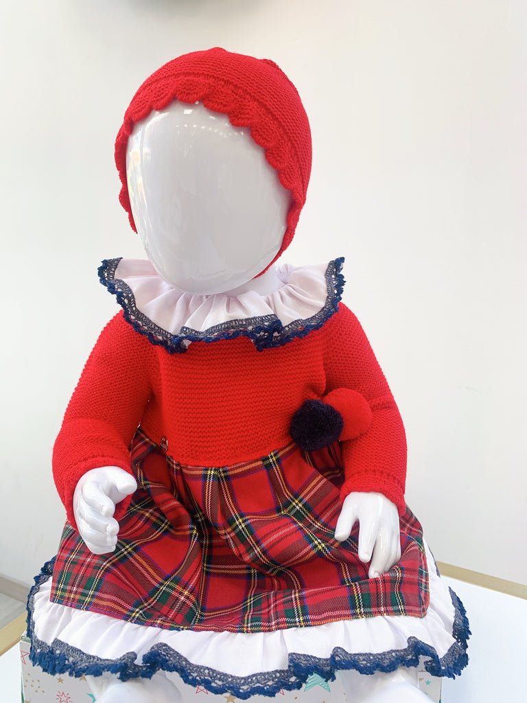 Vestido con gorro tejidos rojo cuadros (12 meses)